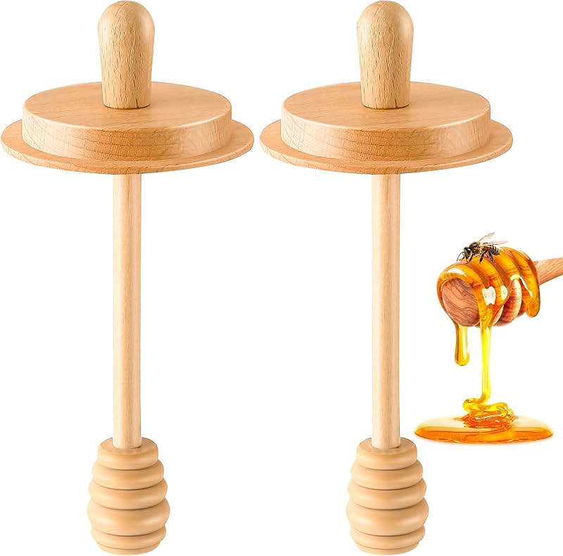 2pcs Wooden Honey Dippers, Only Dippers Lid | Honey Spoon Wooden Stick for Regular Mouth Mason Jars, Wood Spoon and Lid for Regular Mouth 16 oz Mason, Ball Jars