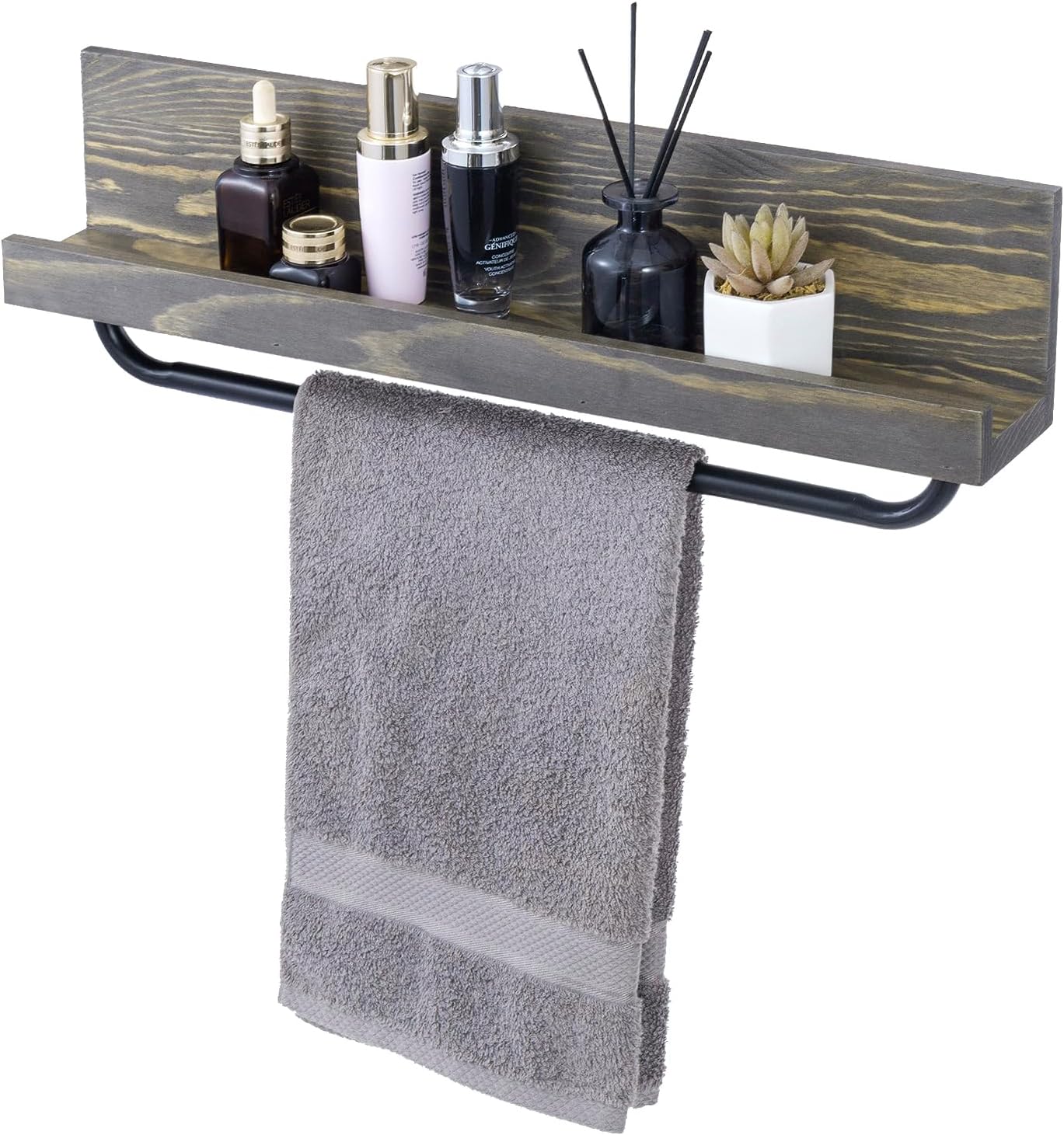 22 Inch Vintage Weathered Gray Solid Wood Floating Shelf with Black Metal Towel Hanging Bar, Wall Mounted Bathroom 2-in-One Storage and Display Ledge