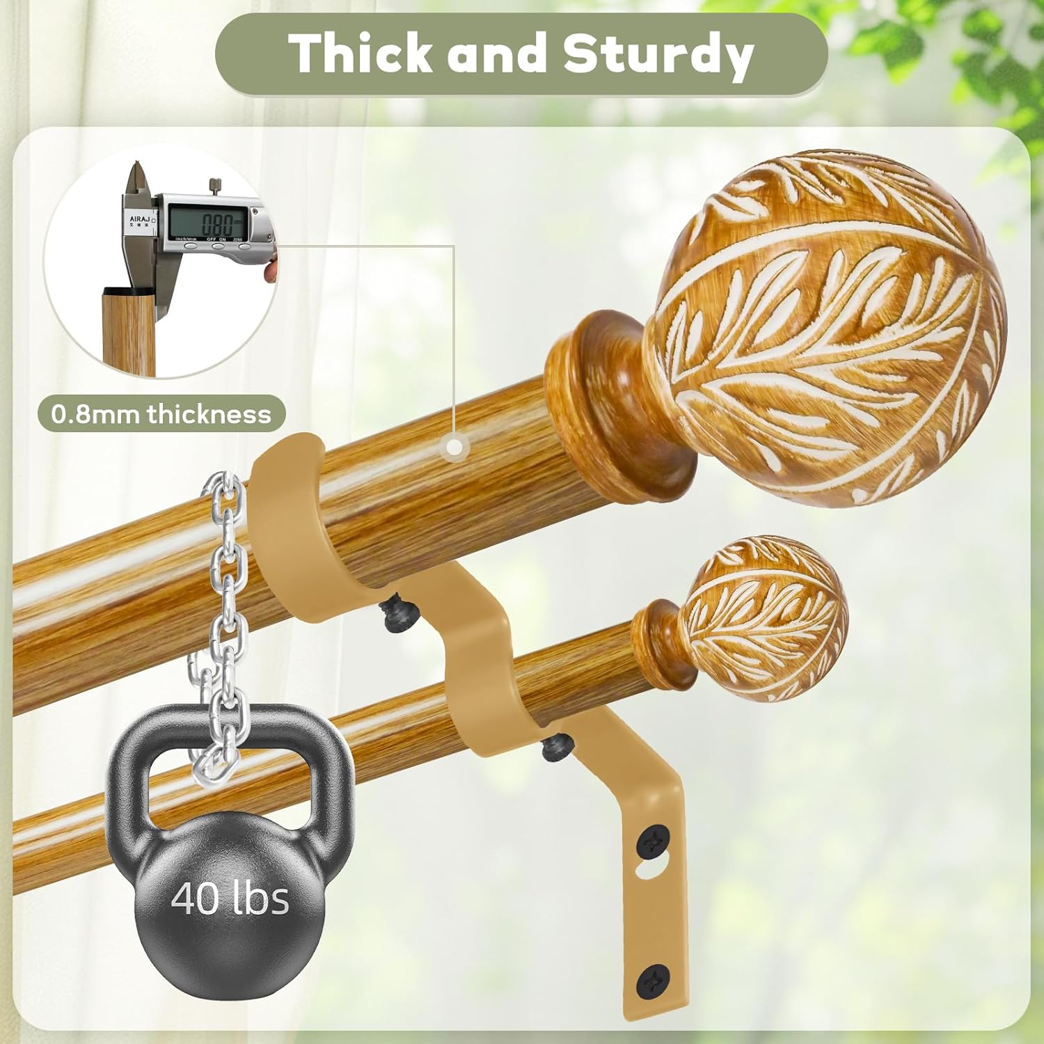 Wood Double Curtain Rods for Windows 28 to 48 inches:Farmhouse Decorative Double Curtain Rod for Bedroom Living Room,Heavy-Duty Adjustable Rustic Drapery Rods with Imitation Wood Grain Finials