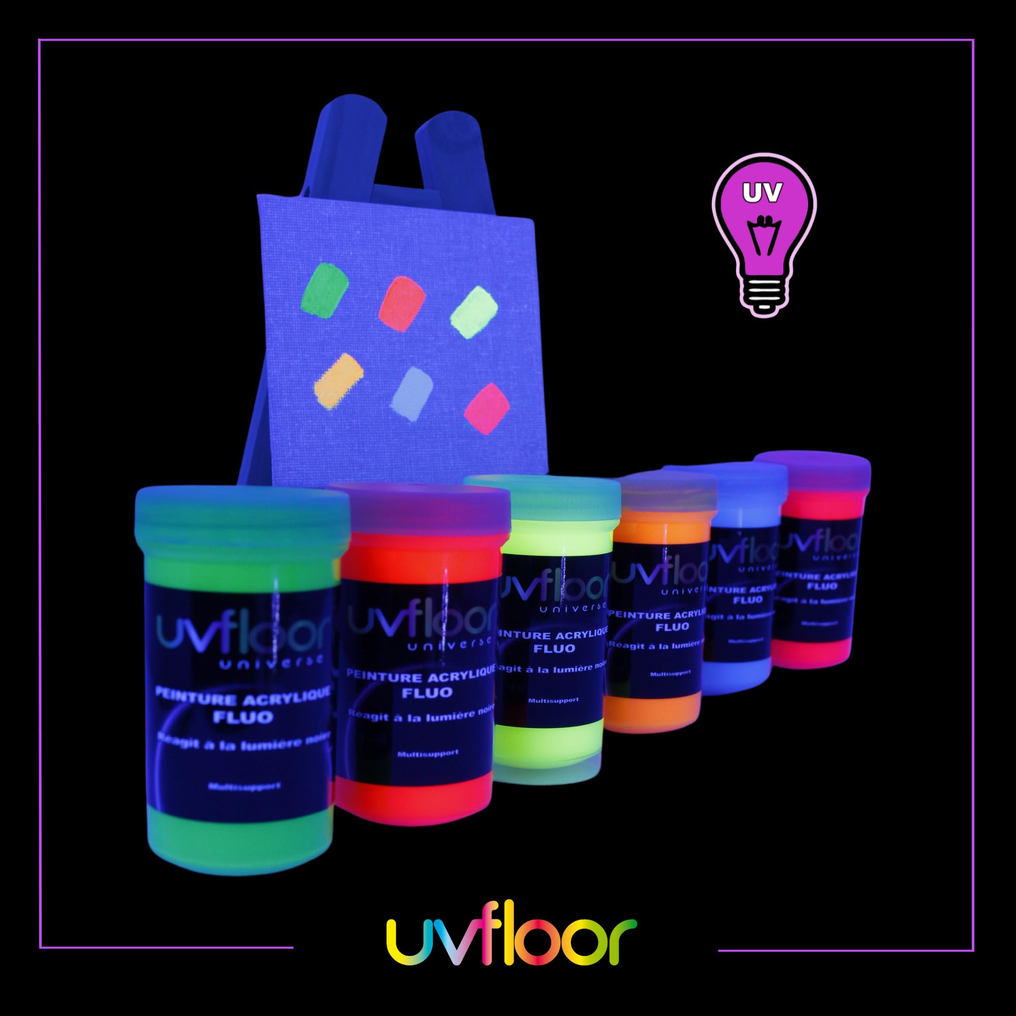 UV FLOOR - Zestaw startowy Fluo Farba akrylowa - Specjalne czarne i ultrafioletowe światło - Błyskotliwe - Fluid I Ultra Pigmentowane - Fluorescencyjne - 6 x 100ml