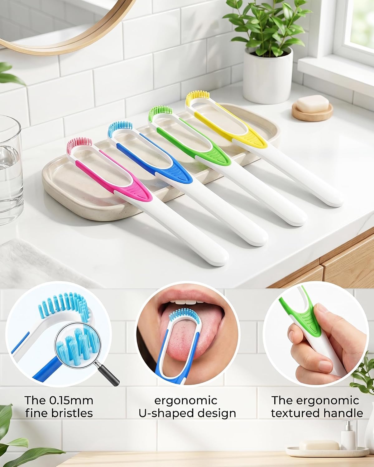 Soft-Bristled Tongue Cleaner,Oral Care Tool for Fresh Breath,Green Yellow image 4
