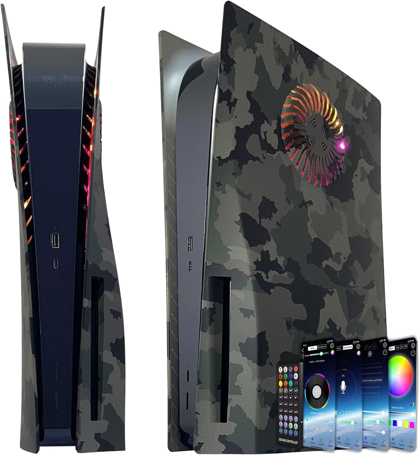 Megadream Façades de Rechange pour PS5 avec évents de Refroidissement - Anti-Rayures, Anti-poussière avec lumières RVB (Camouflage)