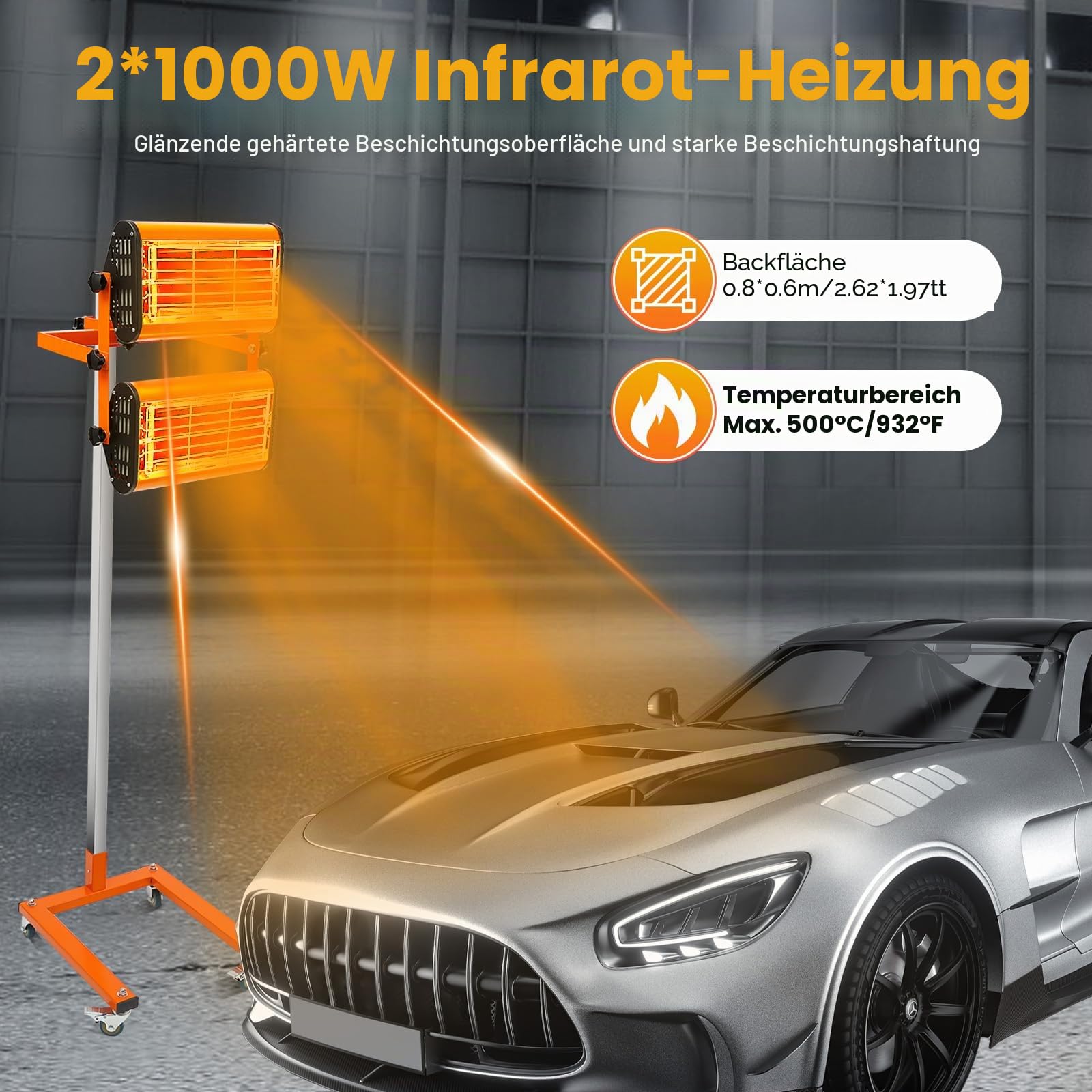 Lacktrockner Strahler Infrarotstrahler Heizstrahler Infrarot Lampe Auto 2000 W in Autolackierkabinen, lokale Lacktrocknung, Spachteltrocknung, Karosseriereparatur, Holzverarbeitung