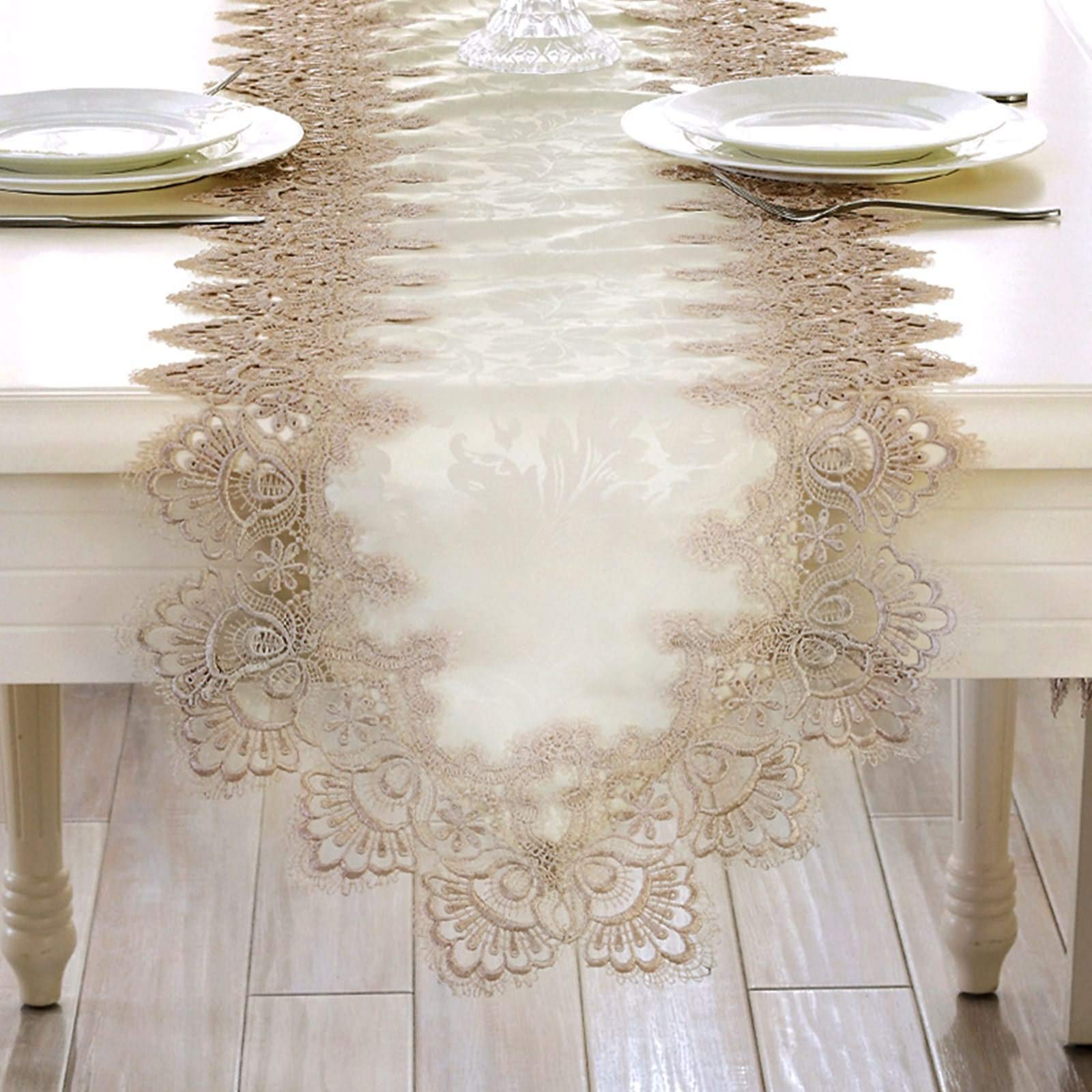 Runner Decorativo Tavolo, Runner Quadretti Beige Pizzo a Triangolo Runner da Tavola Polyester 30x150CM