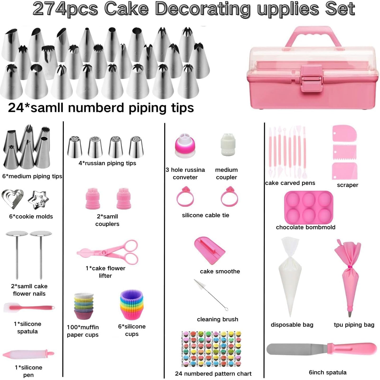 Kit De 274 Piezas para Decorar Pasteles: Juego Completo De Accesorios para Hornear con Mangas Pasteleras, Boquillas para Glaseado Y Estuche De Almacenamiento Principiantes Y