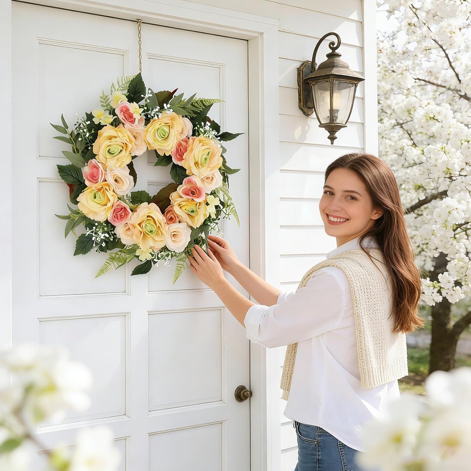 24inch Spring Summer Floral Wreath for Front Door, Peony Rose Wreath Pink Flower Wreath for Indoor Outdoor Wall Window Home Valentine Wedding Mothers Day Decor