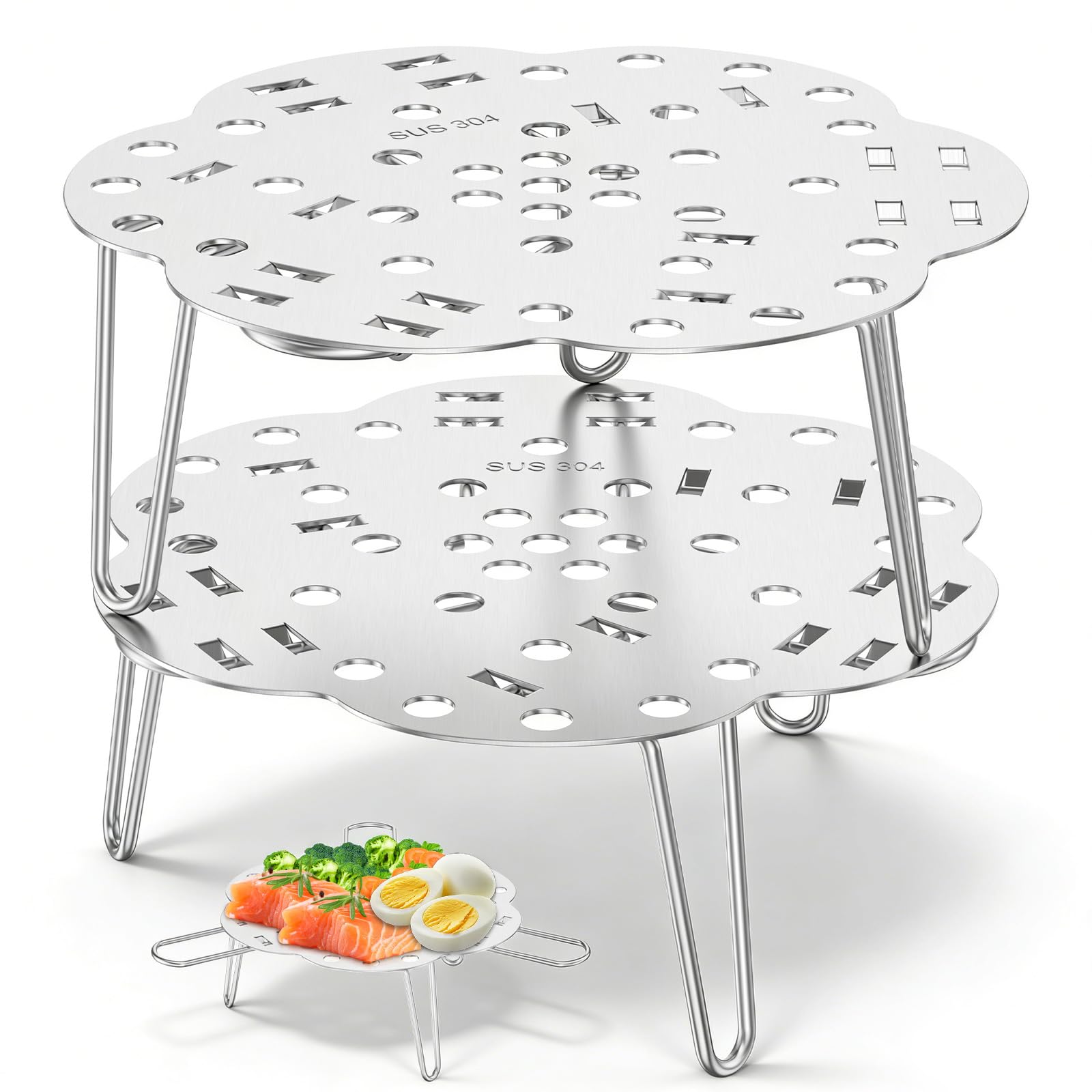 Kuanght Sliver 2Pcs Collapsible Steamer Rack With Trivet, Stainless Steel Steamer Basket Adjustable Cooking Cooling Racks, Expandable Steaming Rack For For Fryer, Steamers, Microwave And Ovens Baking