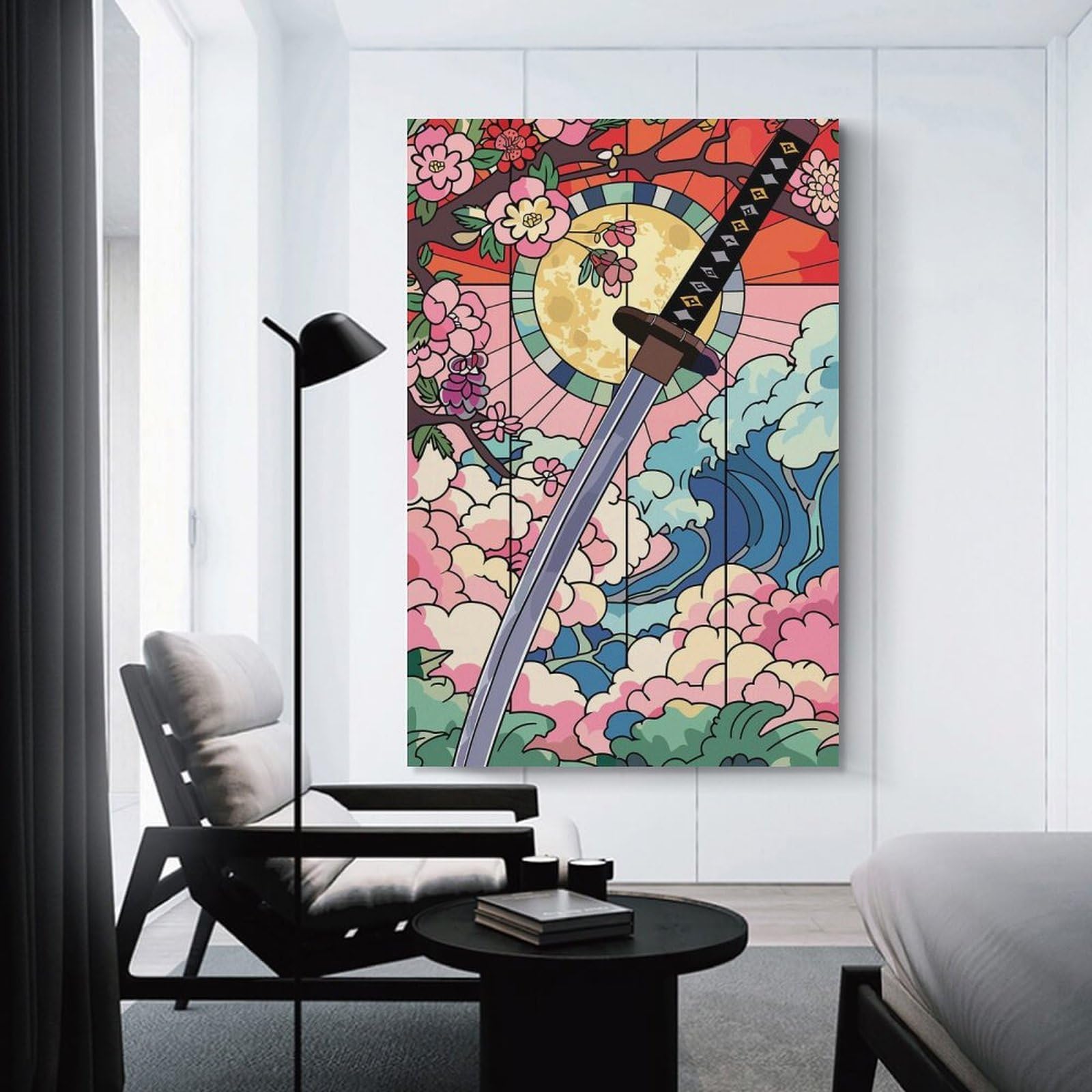 Junmoney Canvas Art Print Samurai Sword with Cherry Blossoms And Waves, 24x36inch(60x90cm), for Office, Study Or Home Workspace, Home Office Artwork with Decorative Appeal