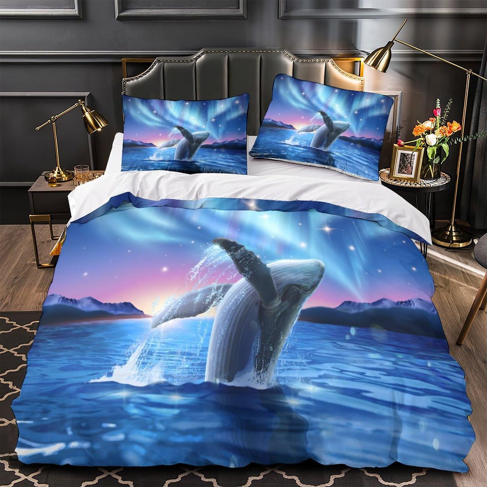salto della balena Impressione 3D 3 pz cover piumone natura fantasia arte fodera per edredone microfibra zip antiacari per bambini ragazzi adulti King（220x240cm）