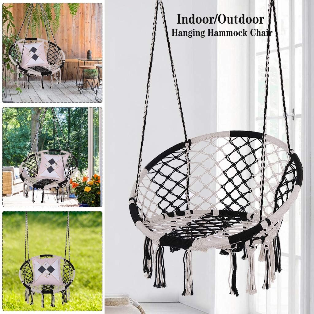 OKBOP Hammock Chair Macrame Swing Hanging Rope Swing Seat, Comfort Durability Handmade Knitted Mesh Tassel Swing Chairs Indoor Outdoor, Home, Patio, Yard, Garden,Tree【from US】 (Black and White)
