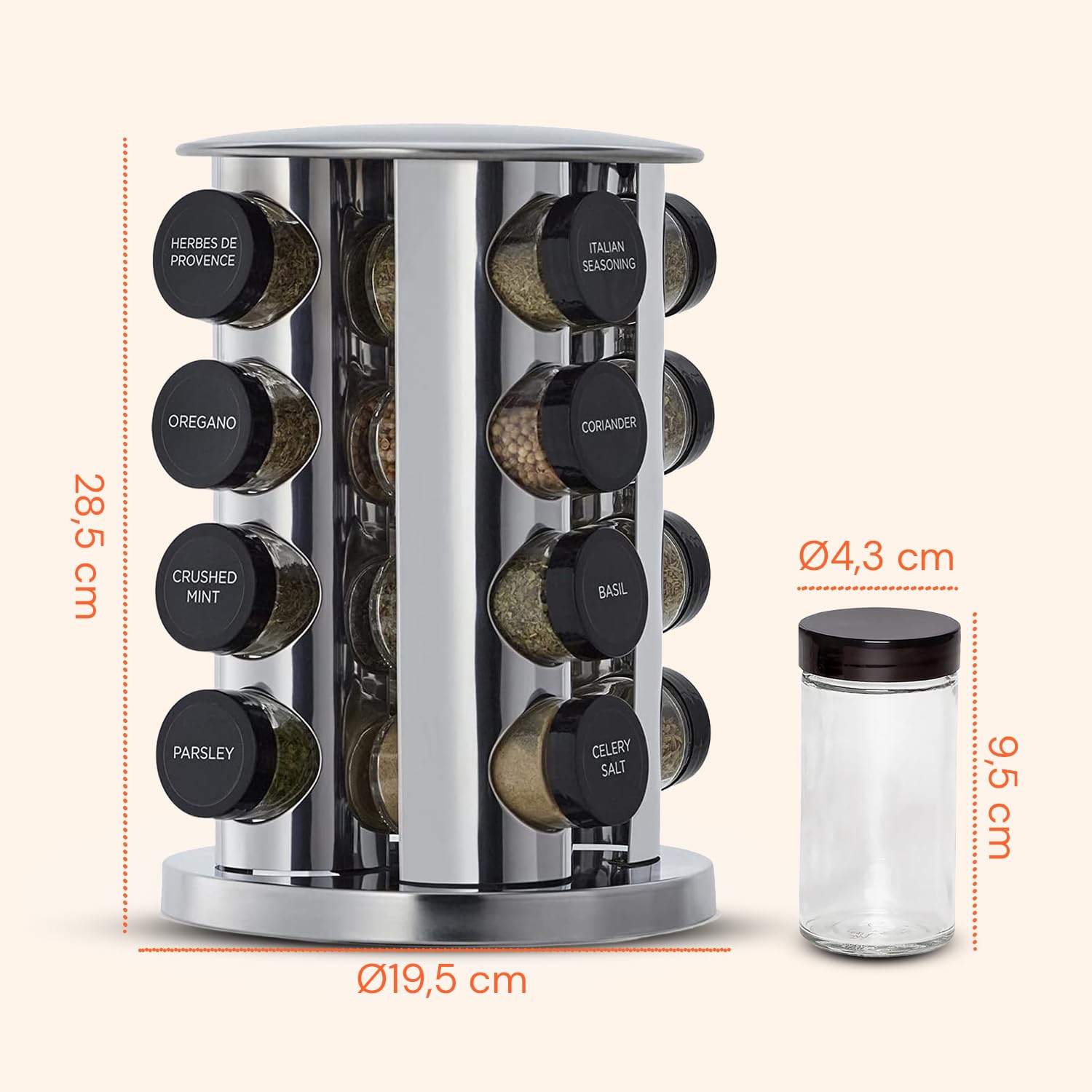 Avilia Portaspezie Girevole 360° con 16 Barattoli in Alluminio – Porta Spezie Salvaspazio Alzatina Cucina Rotante a 2 Livelli con 32 Etichette e Penna – Organizer Dispensa Cucina