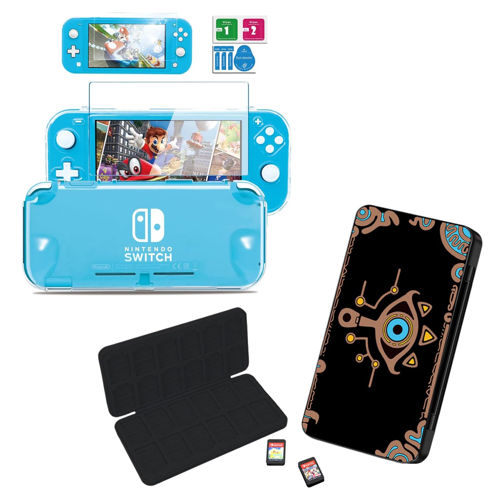 Switch Lite Protective Case Clear with HD Tempered Screen Protector and Game Card Case Holder with 24 Game Cards Slots & 48 SD Cards Slots
