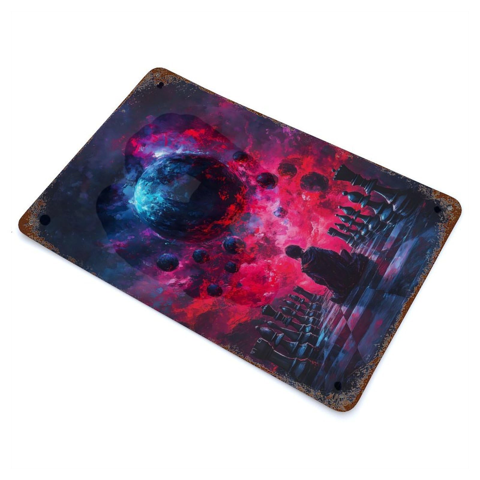 Chessboard Under Cosmic Sky Rustic Tin Plaque 11.8"x7.9", Novelty Wall Decor for Garage, Pub Or Kitchen