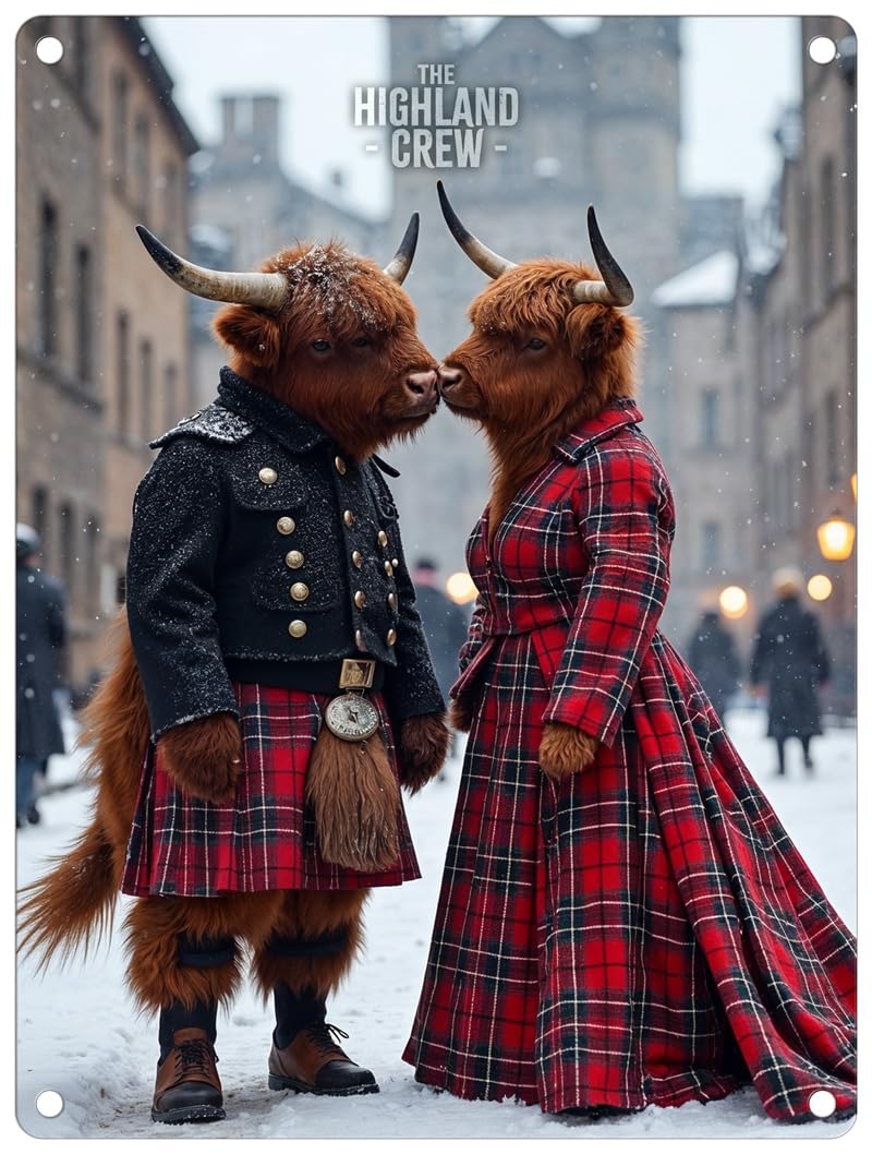 The Original Metal Sign Bull And Cow Kiss Small (150 X 200Mm) Metal Sign - The Highland Crew (Bull And Cow Kiss)
