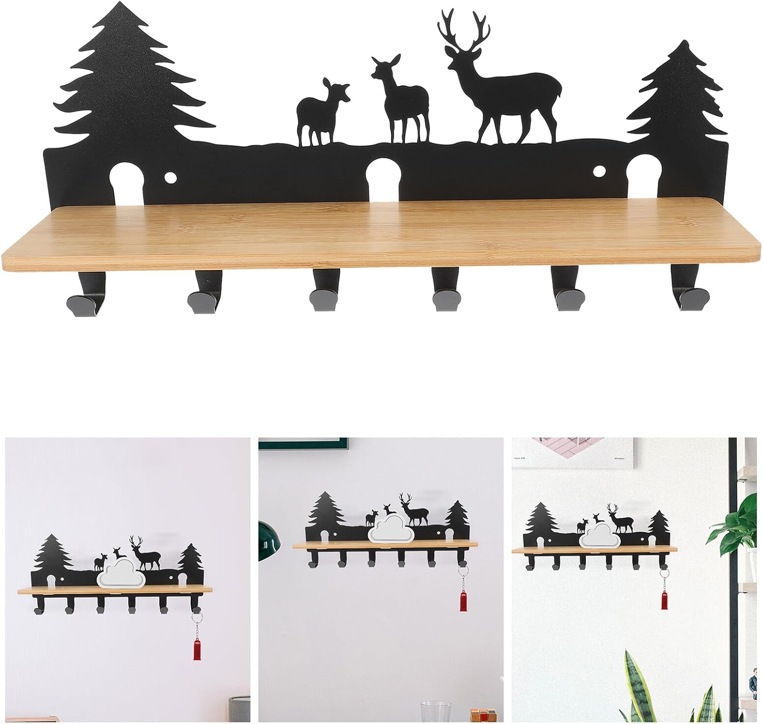 Metal Wall Key Holder with 6 Black Animal Hooks, Decorative Iron Art Entryway Key Rack and Mail Organizer Shelf for Home Storage and Wall Mount