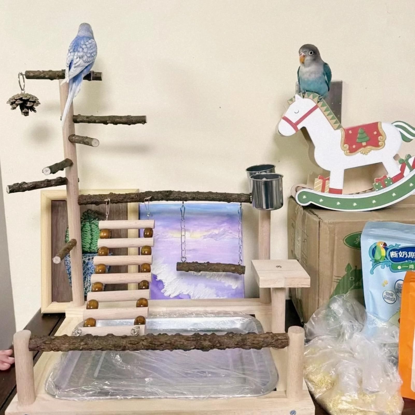 Vogelspielplatz mit Futterbechern, Papageien-Spielständer aus Holz für Nymphensittiche, Sittiche