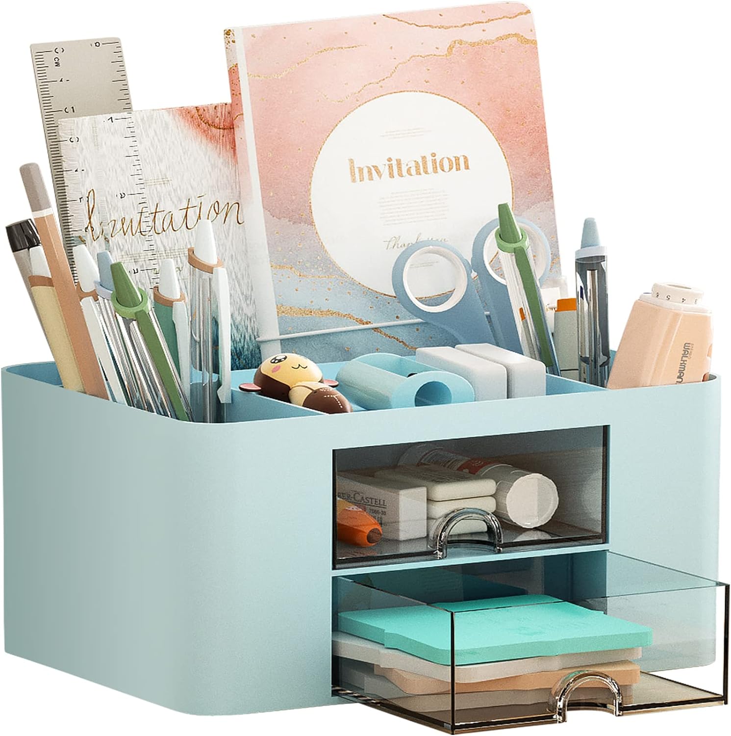 Marbrasse Pen Organizer with 2 Drawer + 360-Degree Rotating Pen Holder for Desk