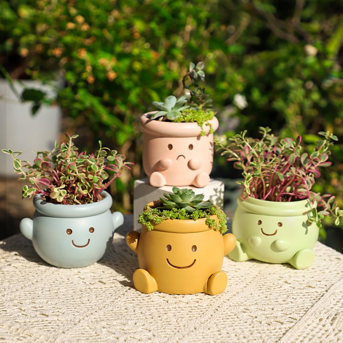 Maceta de cara bonita, macetas pequeñas de resina para plantas de interior, divertida maceta de cara sonriente con agujero de drenaje, idea de regalo para cumpleaños, Navidad (verde)
