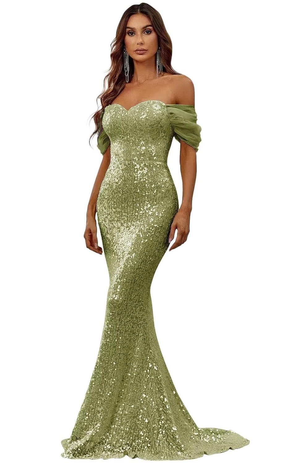 Mermaid Sequin Prom Dresses for Women Off Shoulder Sparkly Long Formal Evening Party Gowns
