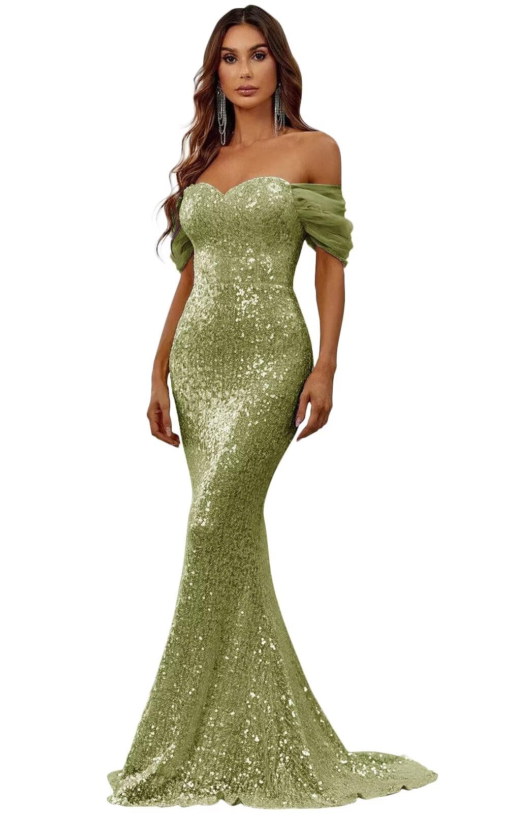 Mermaid Sequin Prom Dresses for Women Off Shoulder Sparkly Long Formal Evening Party Gowns