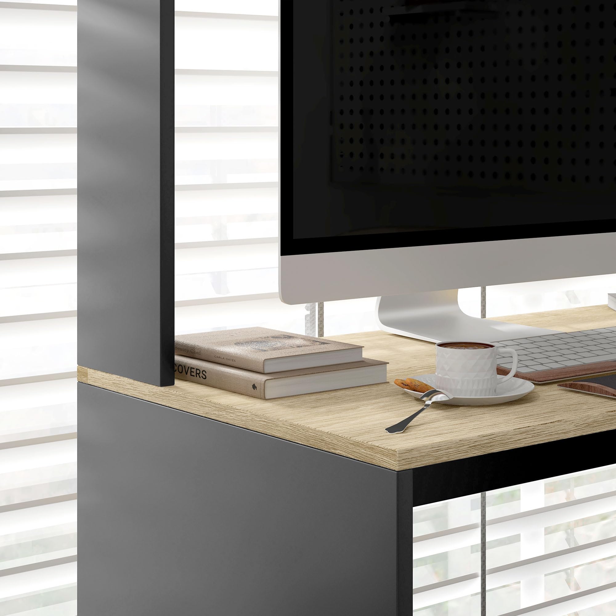 HOMCOM Scrivania per Ufficio e Studio con 3 Ripiani, Scrivania in Legno con Supporto per CPU, 114x45x138cm, Grigio e Legno Naturale