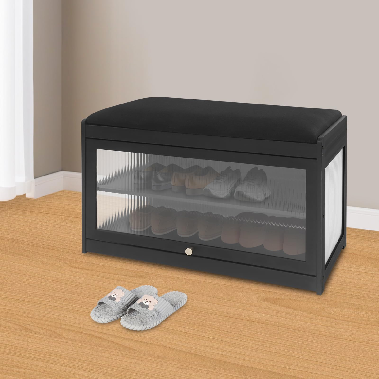 Zapatero con banco y cojín, banco para zapatos con 2 estantes, almacenamiento de zapatos, banco zapatero con espacio de almacenamiento, banco para zapatos con puerta de acrílico transparente, banco