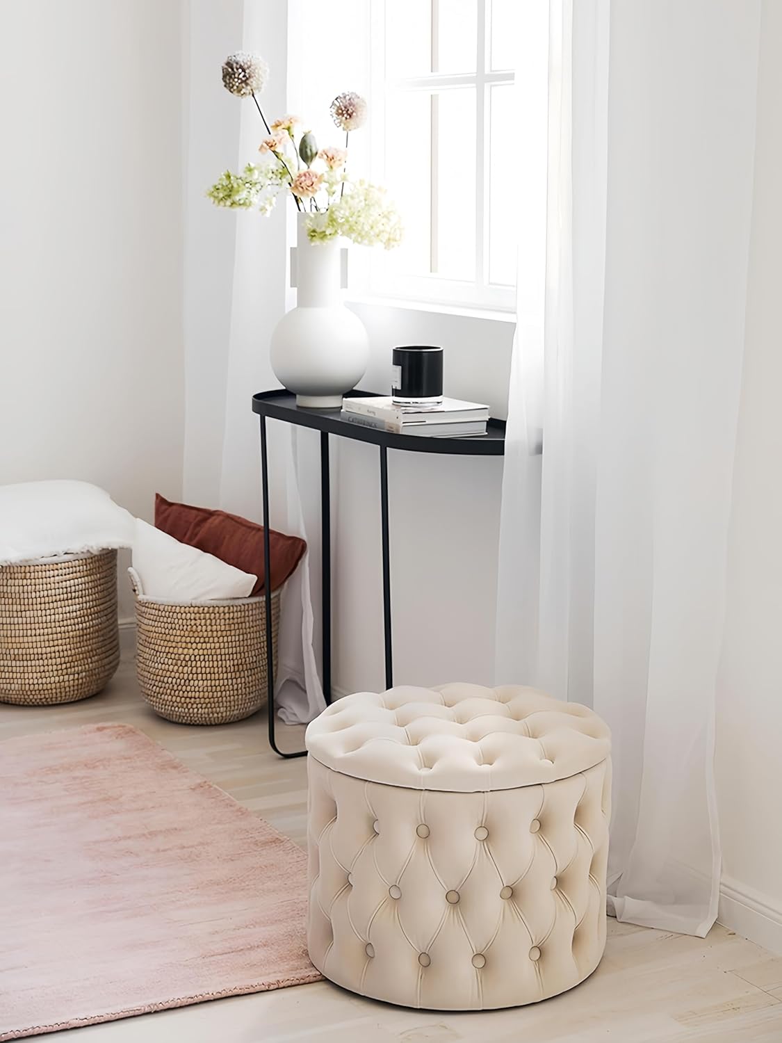 Round Storage Ottoman, Modern Button Tufted Ottoman with Removable Top, Upholstered Ottoman with Storage Footrest Stool for Living Room, Bedroom and Office (Gray, 19.7"D x 19.7"W x 16.5"H)