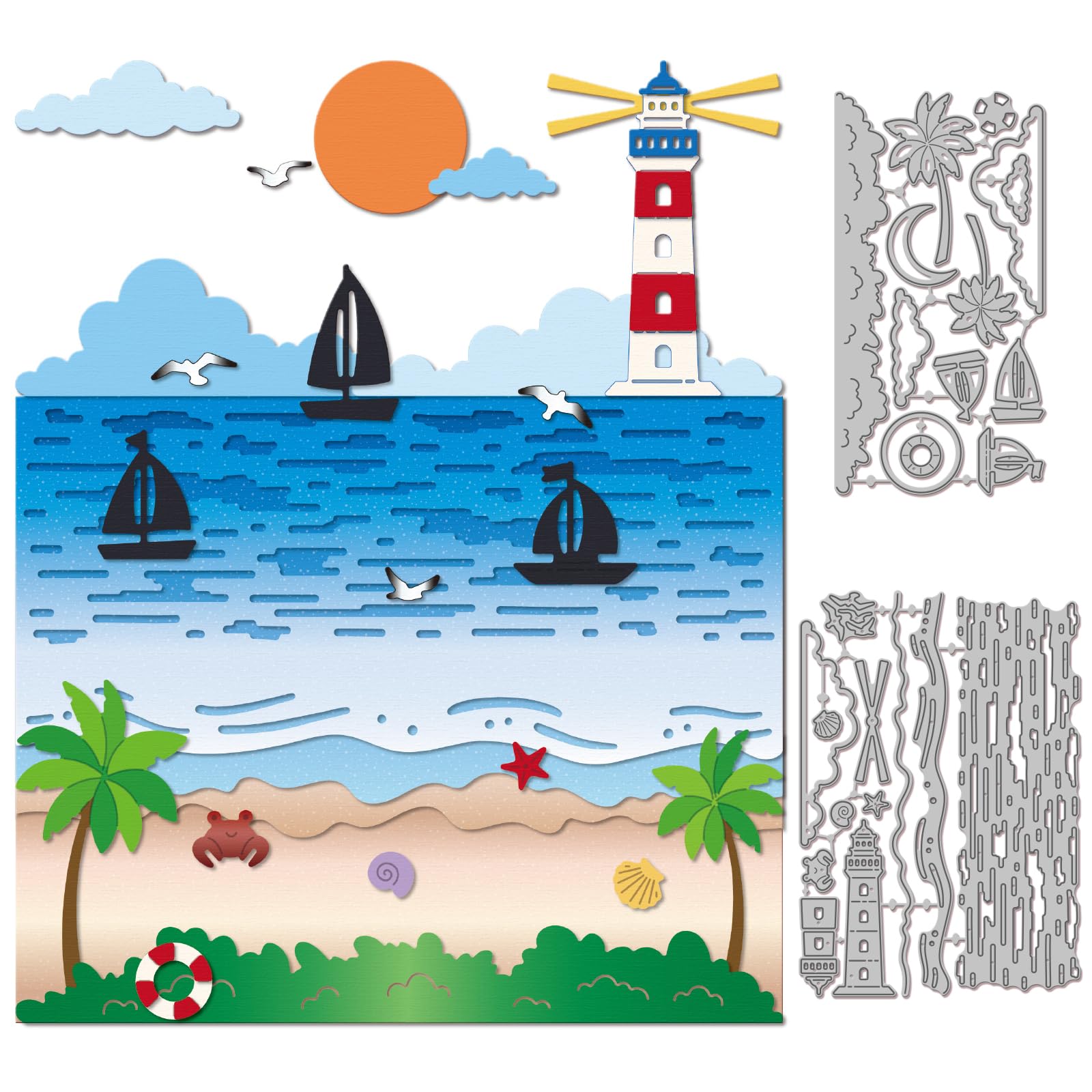 GLOBLELAND Summer Sailboats Coconut Trees Cutting Dies for Card Making Lighthouse Metal Wave Die Cut Layered Ocean Cutting Dies for Scrapbooking Paper Crafts DIY Cards Photo Album Decor