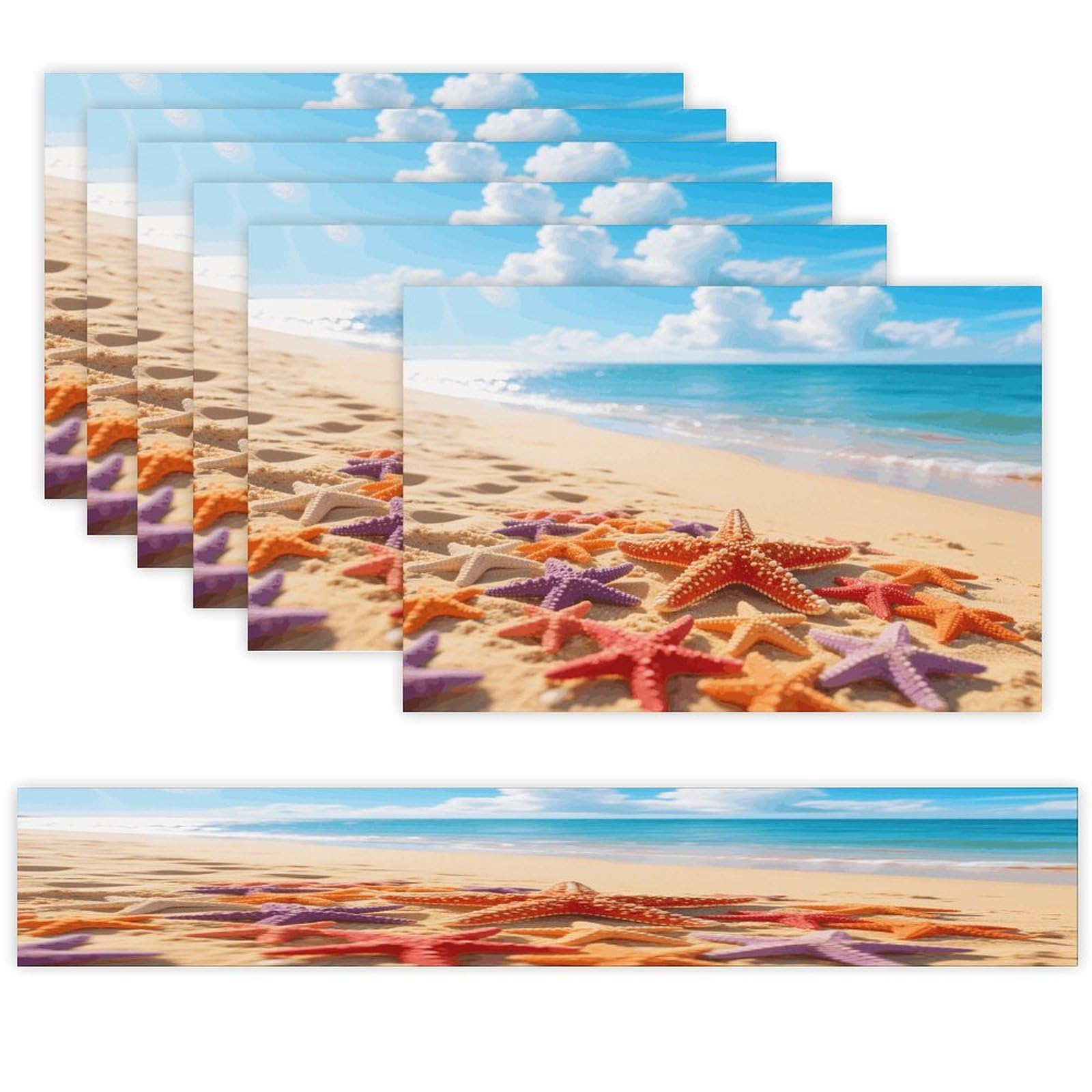 Starfish and Sand Table Runner and Placemats Set of 7 Linen Table Mat Non-Slip Place Mats Washable Placemat Heat Resistant Place Mat with Table Runner for Party Dining Decor