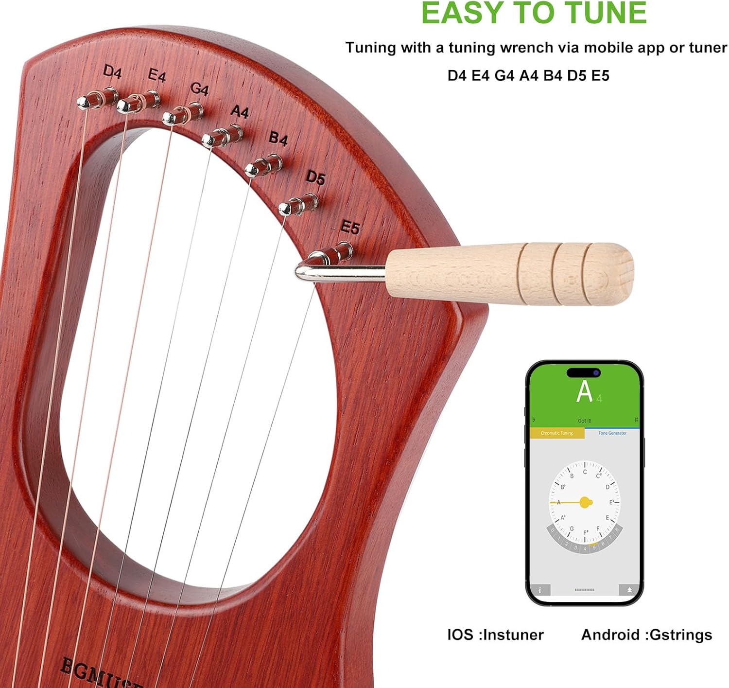 Lyre Harp 7 Strings with Bag,Tuning Wrench,Metal Strings, Mahogany Body and Bone Saddle,Mini Harp Instrument for Beginner