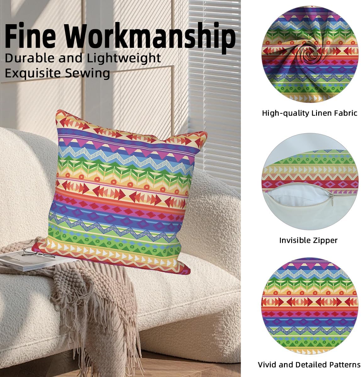4 Pcs/Set Boho Pillow Covers Ethnic Bohemian Floral Geometric Colorful Flowers Retro Strips Multicolor Linen Throw Pillowcases for Couch Sofa Farmhouse Decoration, 18"x18" - Image 2