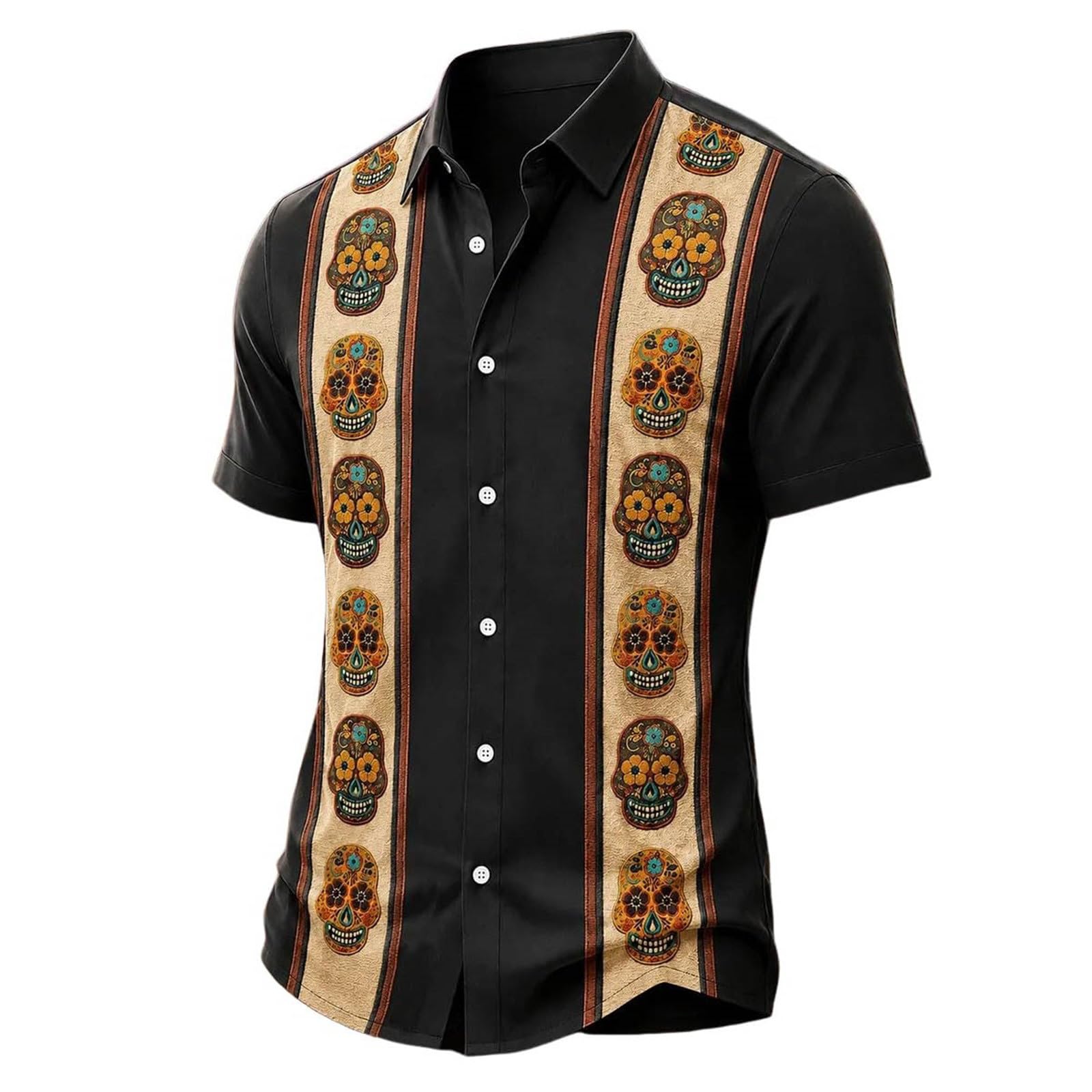 Halloween Shirt Men,Skull Shirt Mens Short-Sleeve Day of The Dead Floral Skull Goth Casual with Button-Down Fit Spooky Party Wear Funny Graphic Vintage Style Casual Outfits — image 1