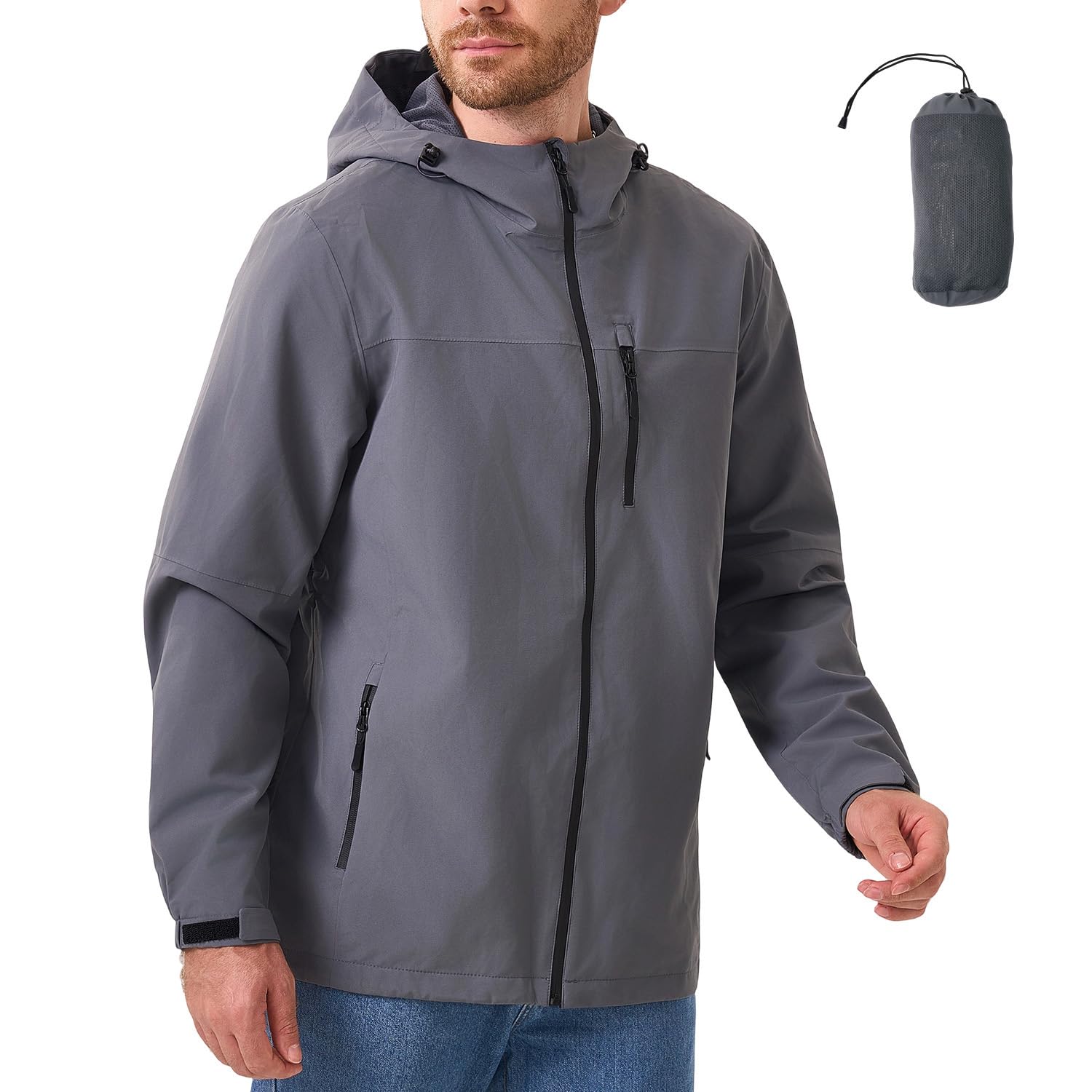 PYALT Jacke Herren Wasserdichte Atmungsaktiv Softshelljacke Leichte Regenjacke Packbare Windbreaker Fahrrad Regenmantel mit Kapuze Grey XL