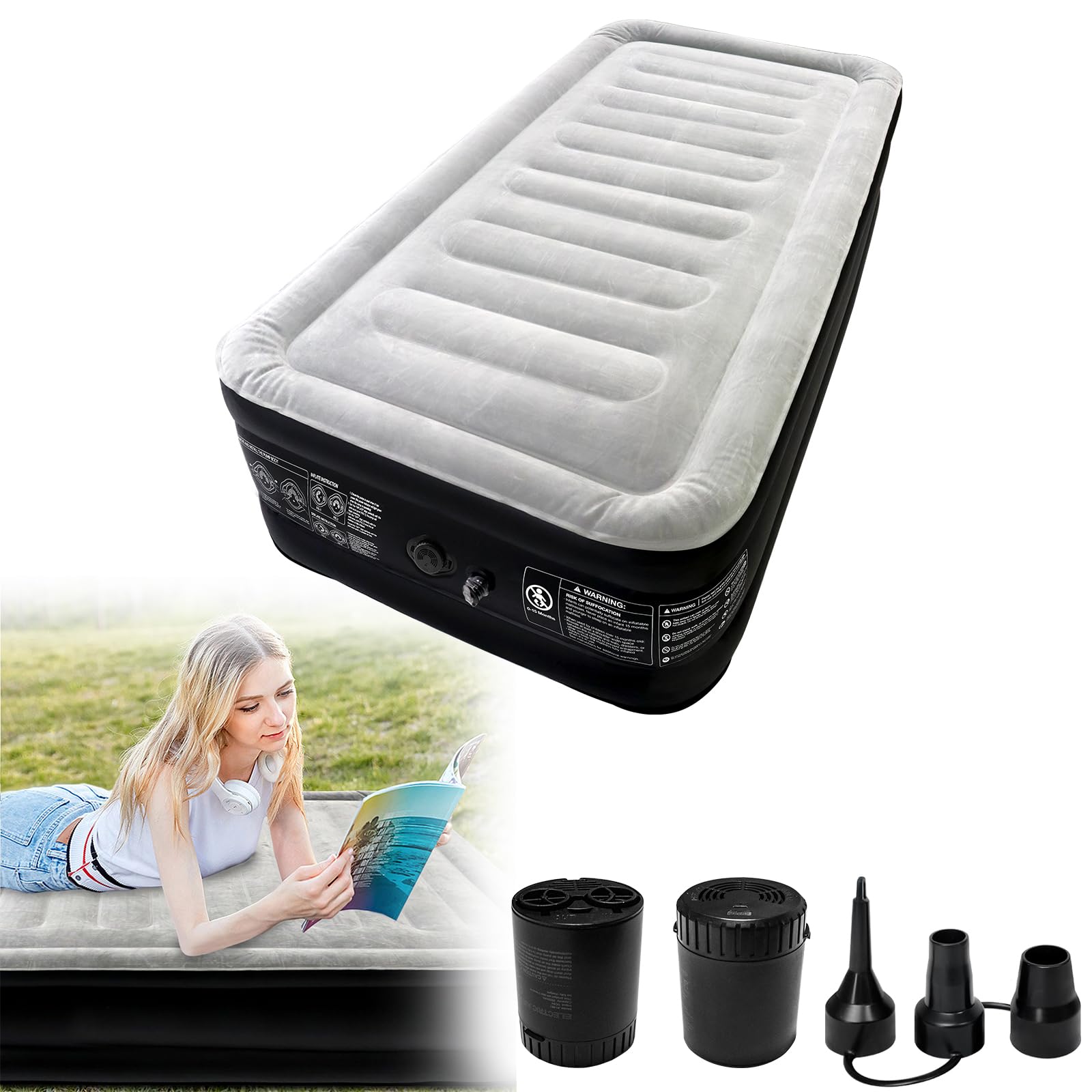 UISEBRT Colchón hinchable de PVC para 1 persona, 187 x 90 x 46 cm, colchón de aire autoinflable con bomba eléctrica, cama de invitados, máx. 300 kg, para camping o uso doméstico