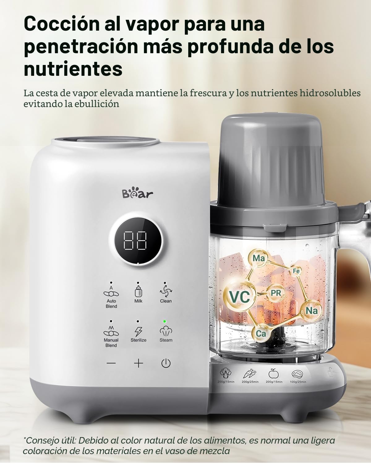 Bear Vaporera 6 en 1 con batidora premium para alimentos para bebés, vapor, agitación automática, calentamiento de leche, desinfección, función de autolimpieza, función de limpieza automática (Blanco)