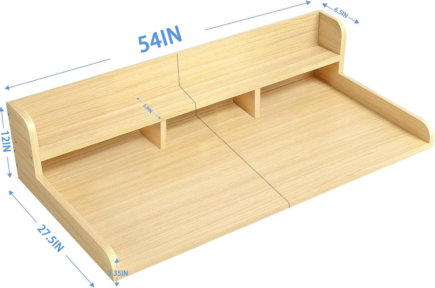 2-Tier Washer-Dryer Countertop Shelf Cover (54" W x 27.5" D), 12" H Overall with 2.75" H Edge Baffle - Wooden for Clothes Folding, Laundry Basket Storage & Counter Organization (Oak)