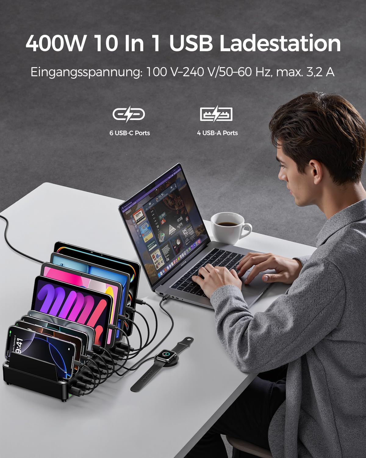 Rocoren 400W Ladestation Mehrere Geräte USB C Charging Station, GaN PD100W 10 Anschlüsse Familien Handy Ladestation Desktop Ladegerät mit Schnell-Laden Kompatibel mit MacBook Pro/Air, iPhone, Galaxy