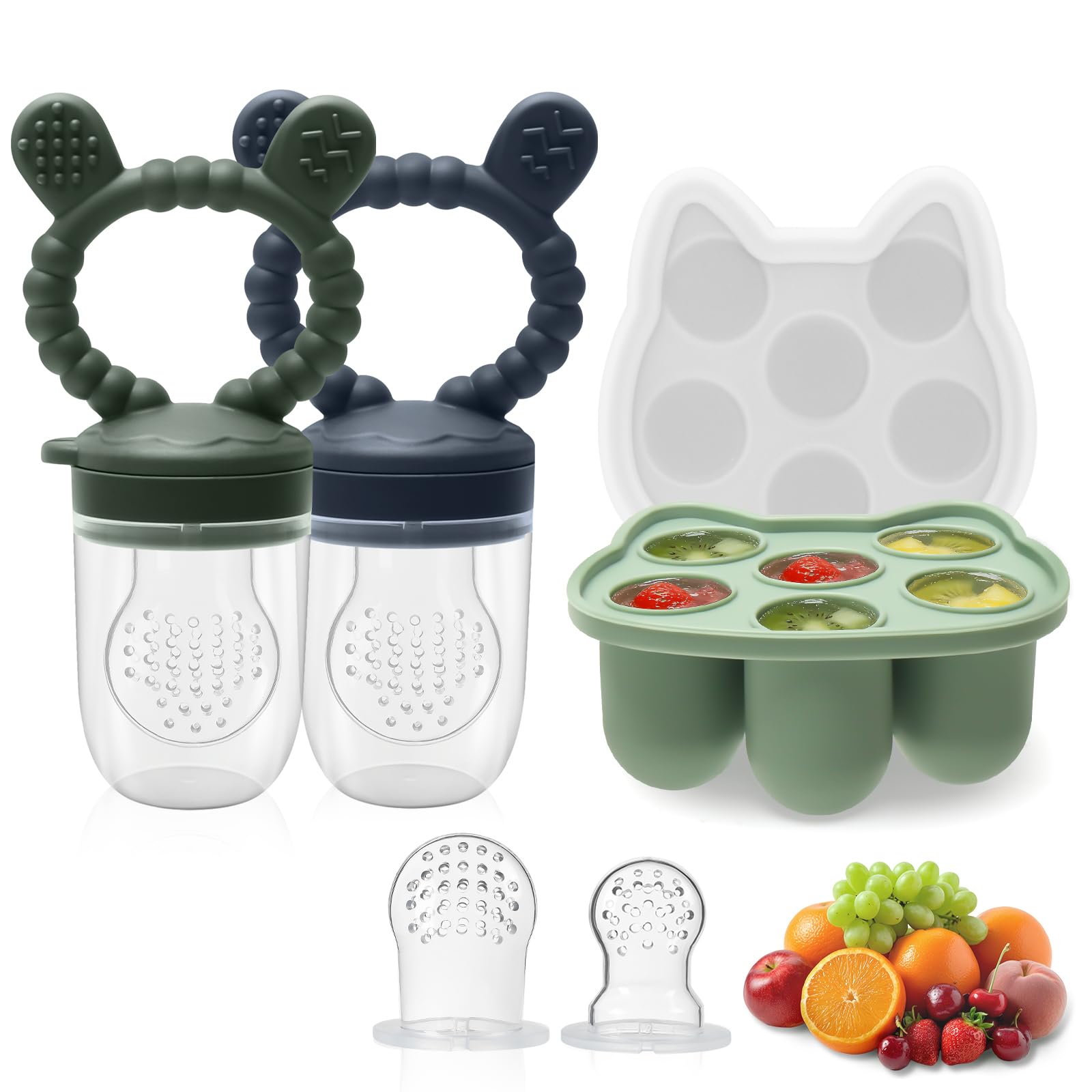 MR.TIMELAG Fruchtsauger Baby, 2 Stück Silikon Obstschnuller(mit Eiswürfelform) | Muttermilch-Eiswürfelform zum Abkühlen des Babys, BPA-freies Silikon, für Obst, Gemüse & Babynahrung Beißring