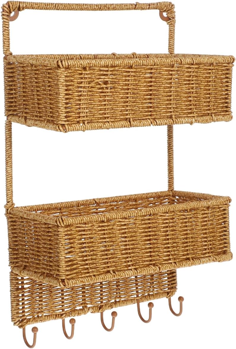 Angoily Woven Wall Mount 2-Tier Storage Sorter Basket with 5 Hooks Rattan Hanging Fruit Basket Kitchen Vegetables Organizers for Cutlery Condiment