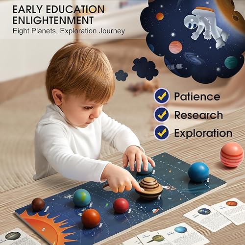 Miniatura 3 de Tablero de modelo de sistema solar de madera,Sistema solar para niños,Juguetes Montessori Planeta,Pelotas de planetas educativos,Rompecabezas de