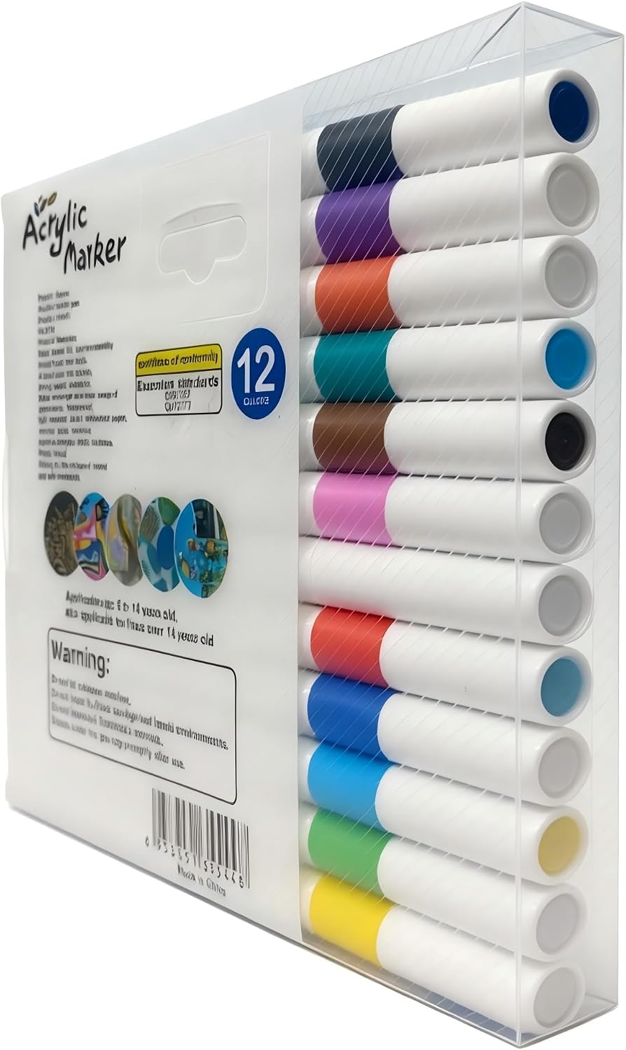 12 Colors Watercolor Acrylic Paint Pens, Soft Water-Based Markers for Rock Painting, Glass, Ceramic, Wood, Canvas – Quick-Drying, Waterproof Art Supplies for Adult Coloring & Kids Crafts