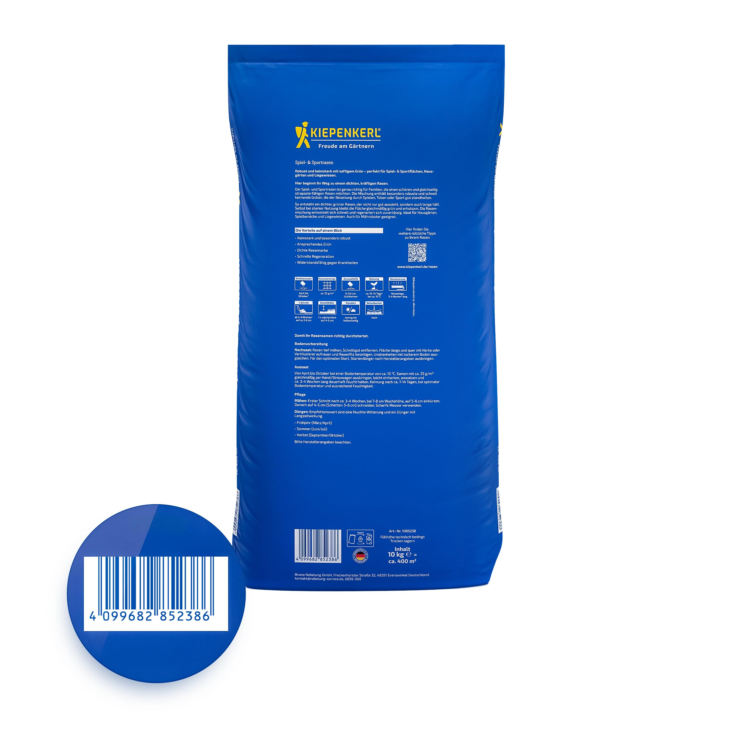 Kiepenkerl Spiel- & Sportrasen 1085238-10kg für 400m² - strapazierfähig - schnellkeimend und robust - robust und strapazierfähig - Saatgut Made in Germany | dicht wachsend, trittfest, ideal fuer Familiengaerten, schnelle Regeneration, hochwertige Grasmisc