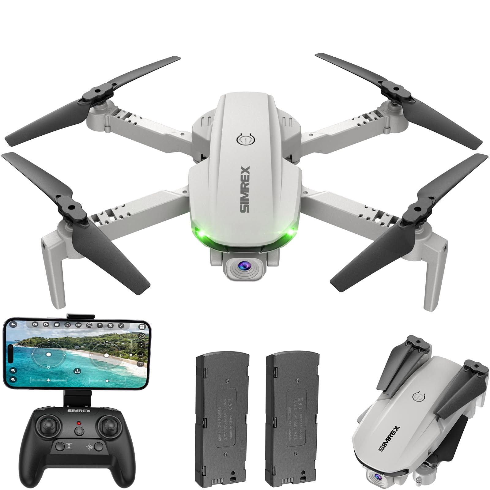 SIMREX Drone With 1080P Camera for Kids Adults, Mini RC Quadcopter Foldable, One Key Start, Waypoint Fly, Headless Mode, Auto-Follow, 3D Flip, 3 Speeds, 2 Batteries, Easy for Beginners, Grey