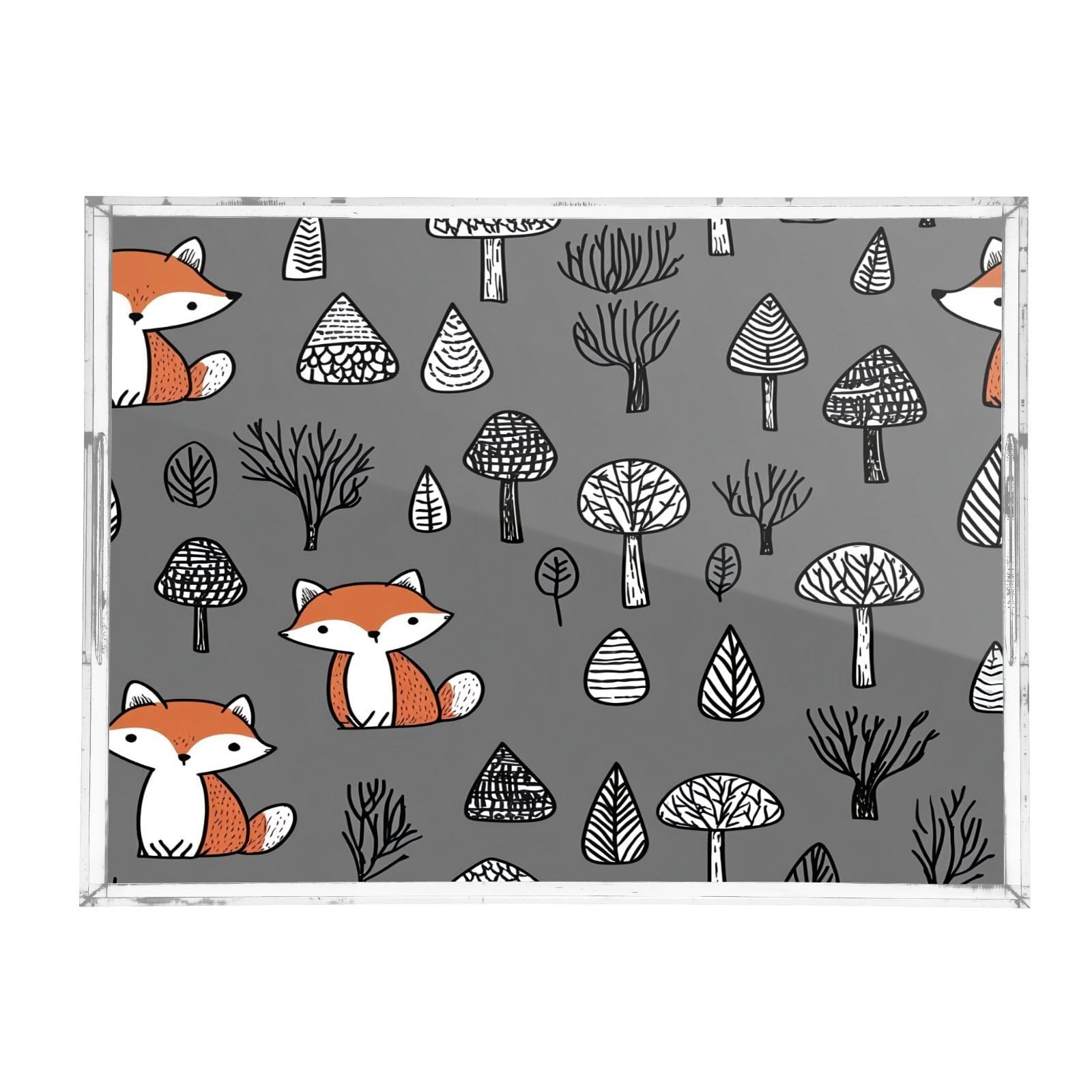 BOESI Doodle Cute Fox Pattern Acrylic Decorative Dining Tray, Acrylic Decorative Tray Organizer with Handle for Kitchen, Dining Room, Bathroom, Dresser