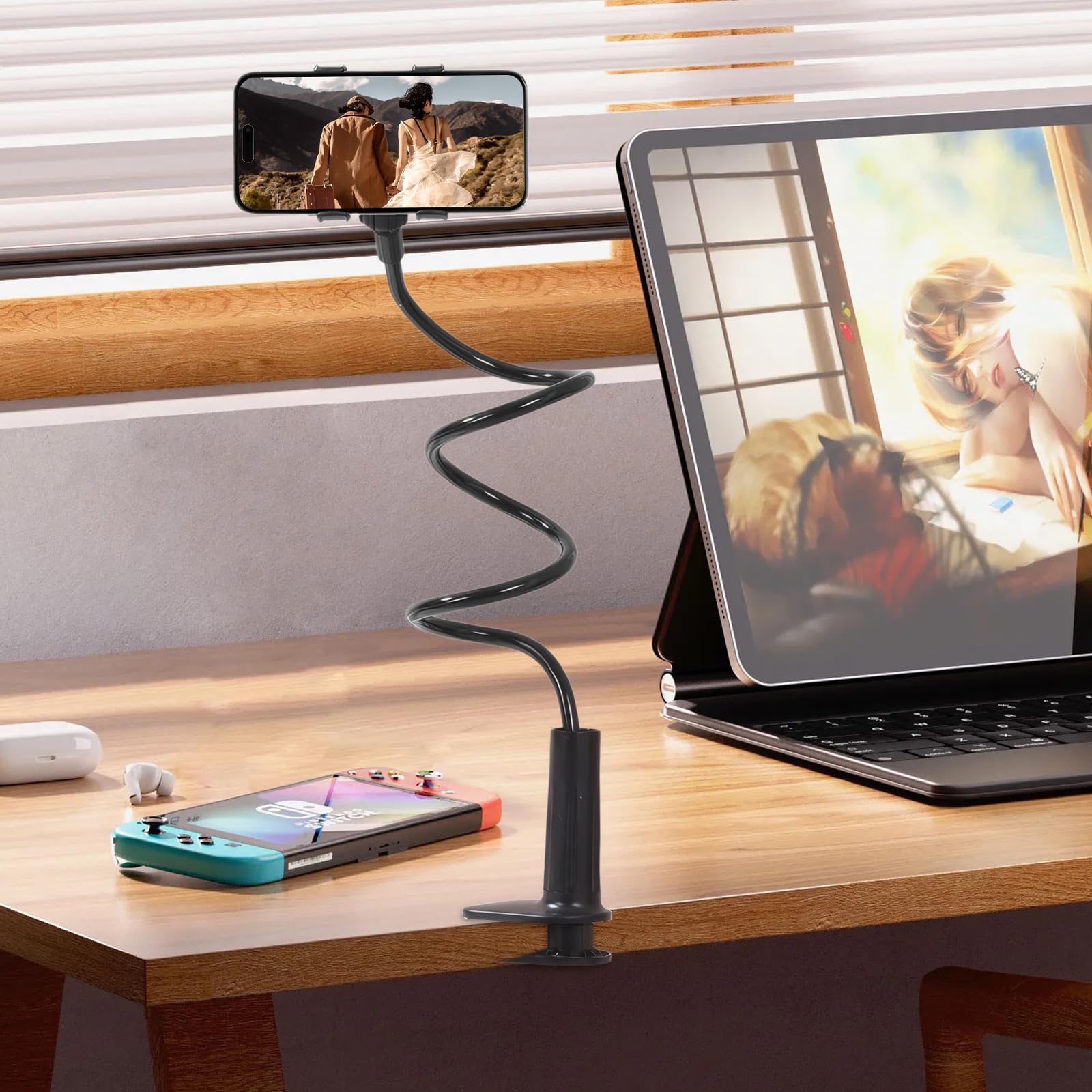 Support Téléphone pour Lit et Bureau, Flexible à Long Bras Porte Telephone Bureau Réglable 360°, Support Universel avec Pince pour pour Films et Appels (Blanc)
