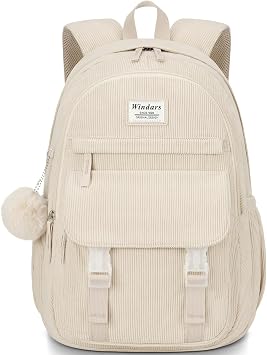 WINDARS School Backpack for Teens, Large Corduroy Bookbag Cute 15.6 Inch Laptop Bag for Girls Women Lightweight Aesthetic High School College Back Pack for Student Nurse, Beige