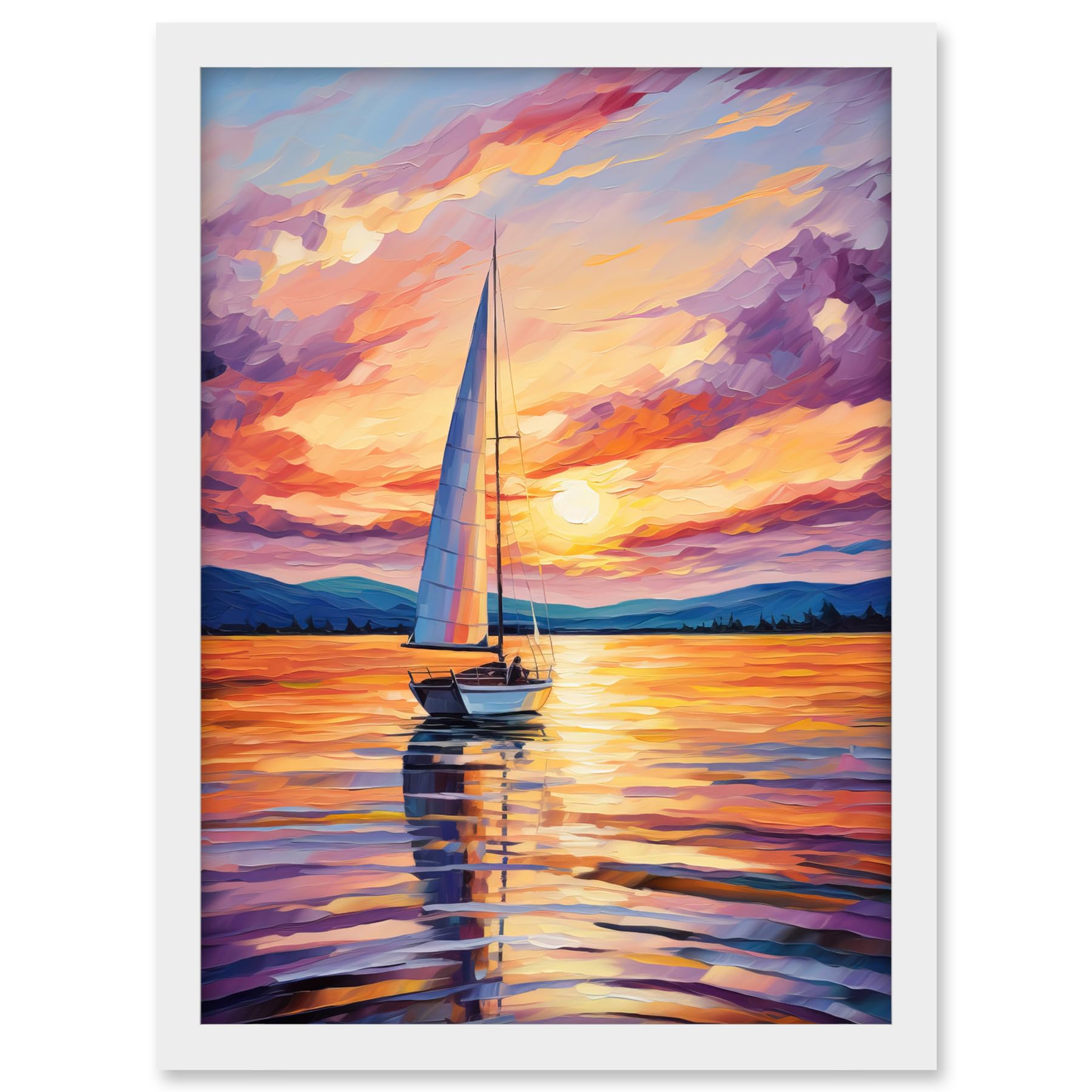 Artery8 Sunset Sailing Vibrant Oil Painting Orange Purple Blue Bathroom Artwork Sail Boat Seascape Artwork Framed A3 Wall Art Print