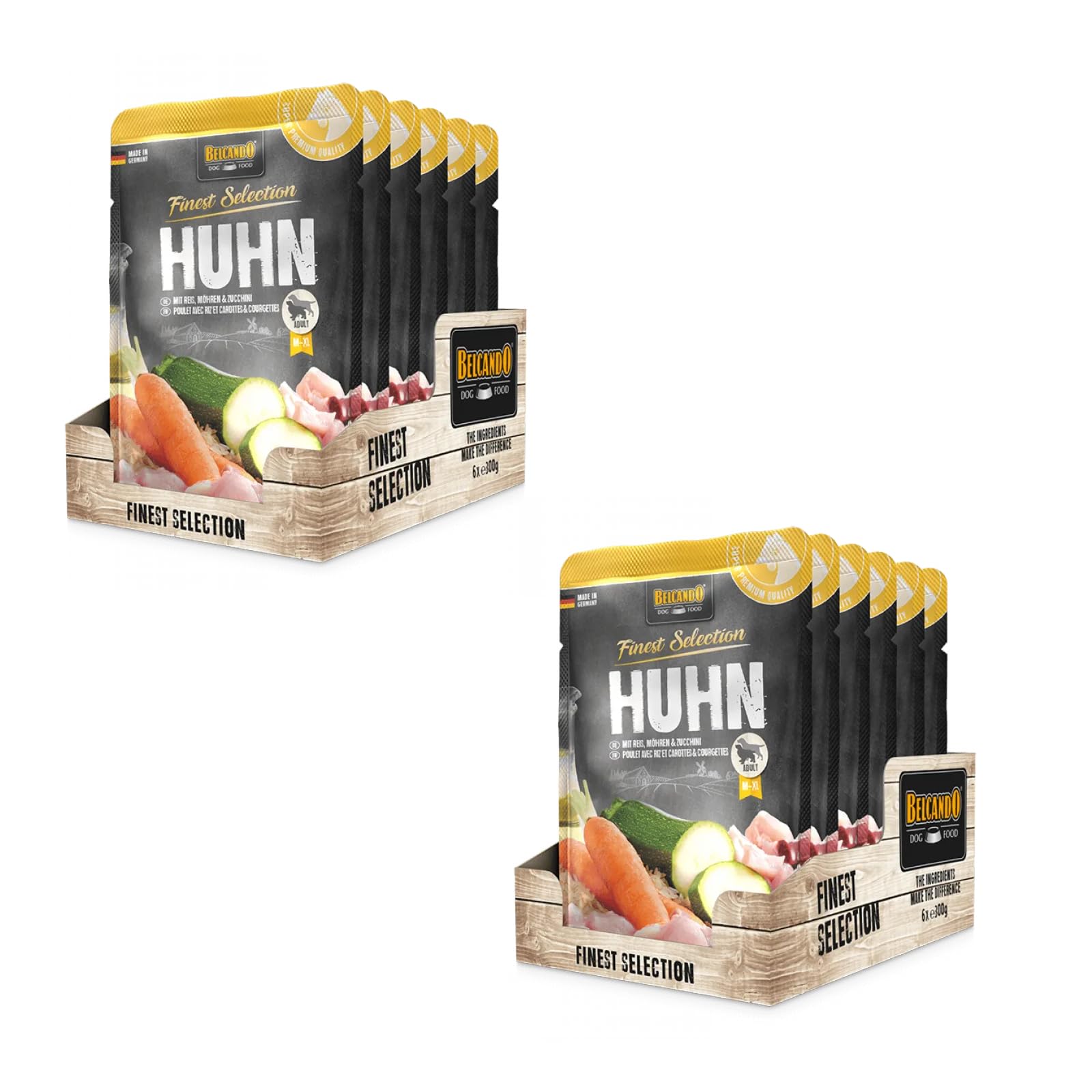 Belcando Finest Selection Adult Pollo con Riso, Zucchine e Carote | Confezione Doppia | 2 x 6 x 300 g | Cibo umido per cani sensibili o esigenti | Pratiche porzioni singole