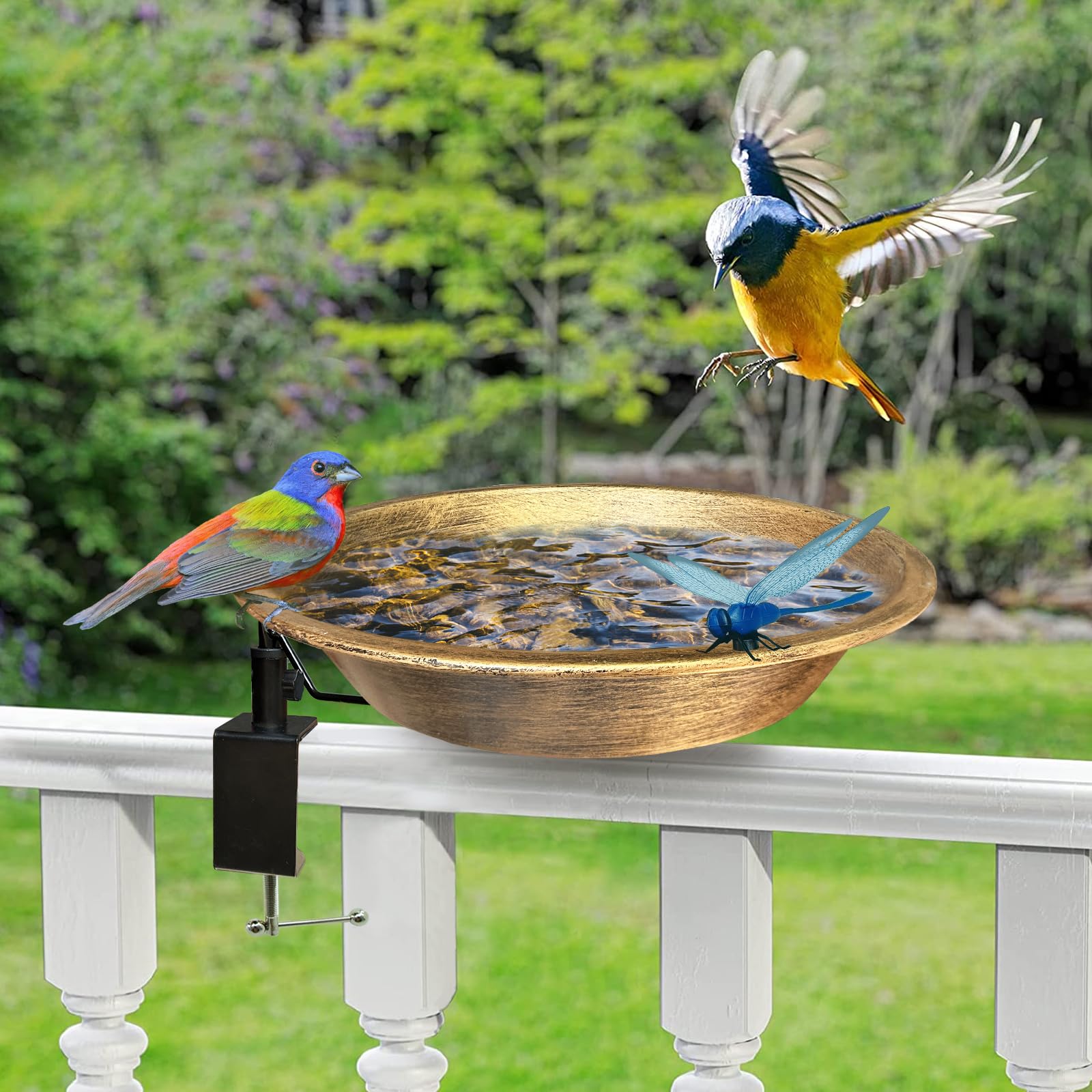 WANGIRO Baño para pájaros montado en cubierta para exteriores, cuenco desmontable para pájaros con abrazadera resistente, fácil de instalar, comedero para pájaros al aire libre para terrazas, jardín