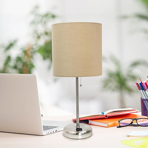 Miniatura 6 de Simple Designs LT2024-TAN-2PK Two Pack Brushed Steel Stick Table Desk Lamp Set with Charging Outlet and Drum Fabric Shade for Living Room, Hallway,